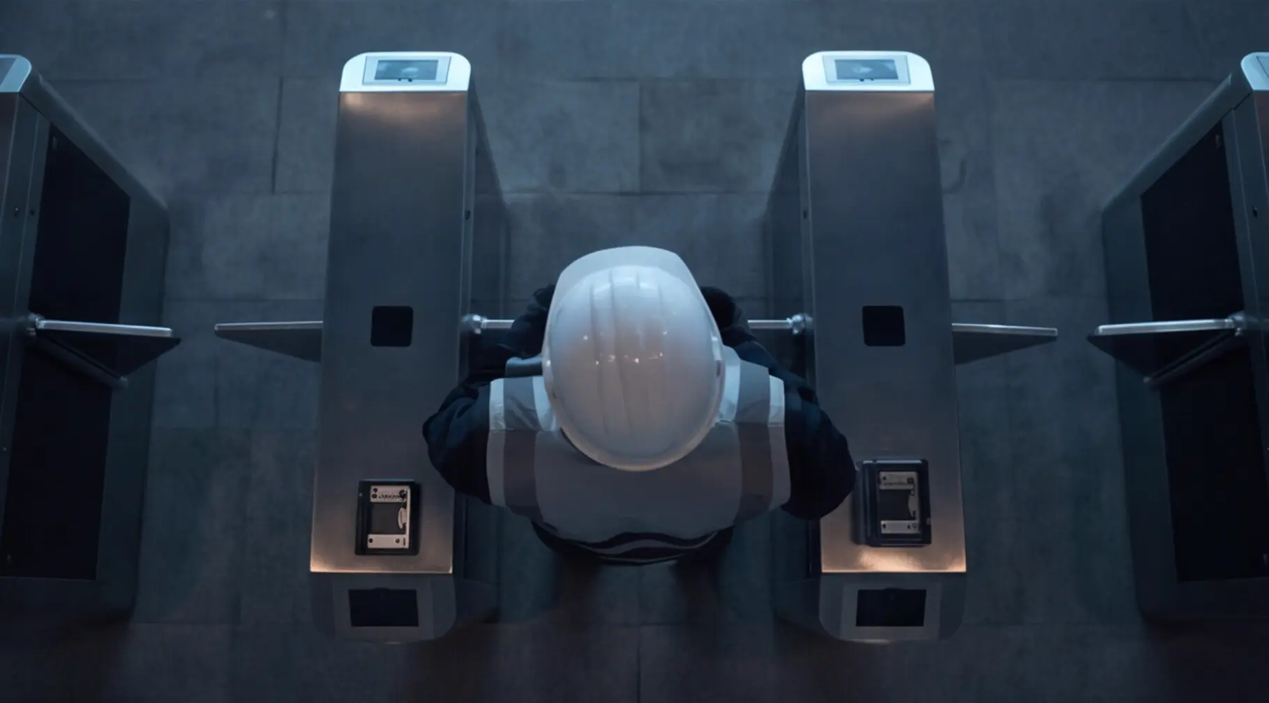 bird's eye view of worker in hard hat passing through turnstile