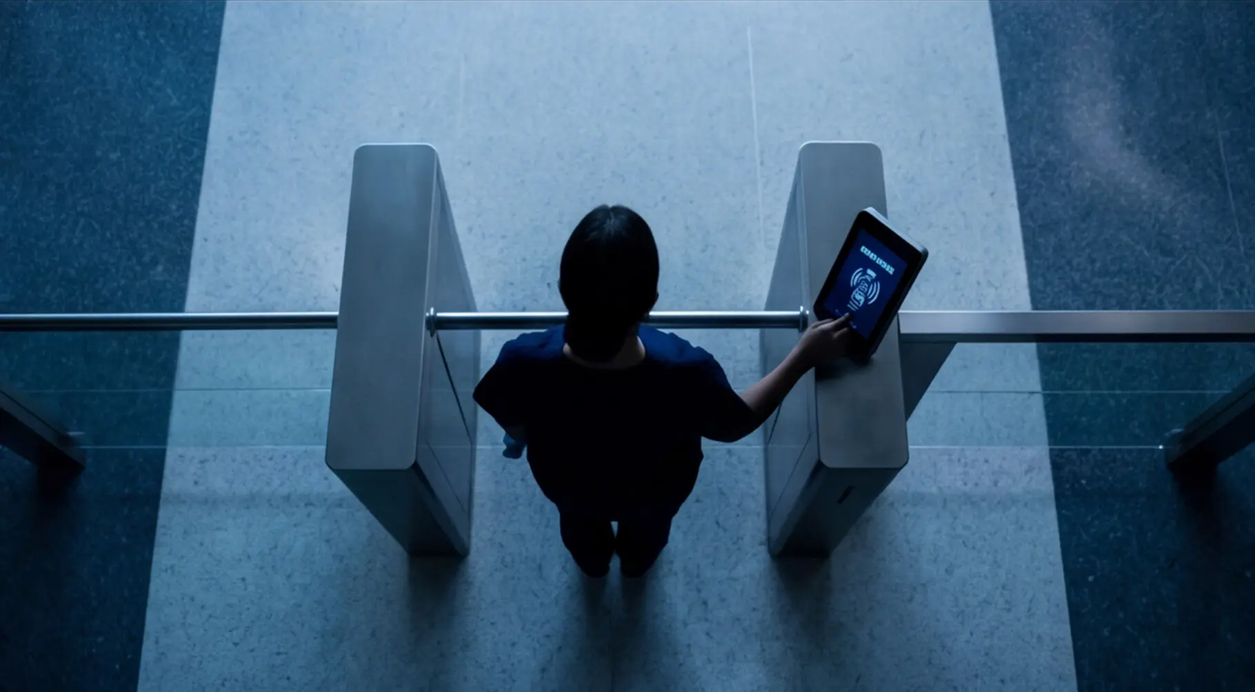 hospital employee scanning keycard at entrance point