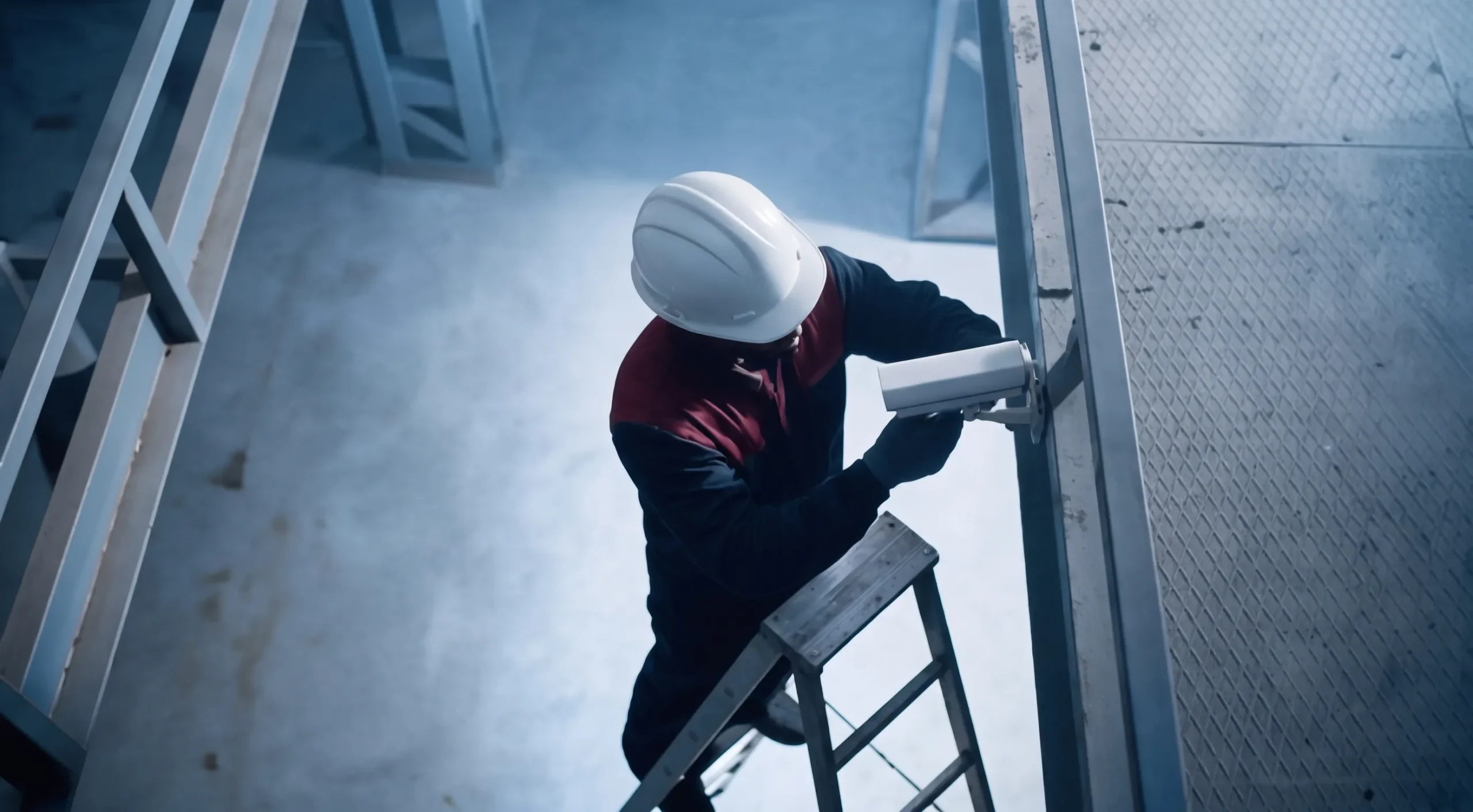 worker on ladder installing surveillance camera