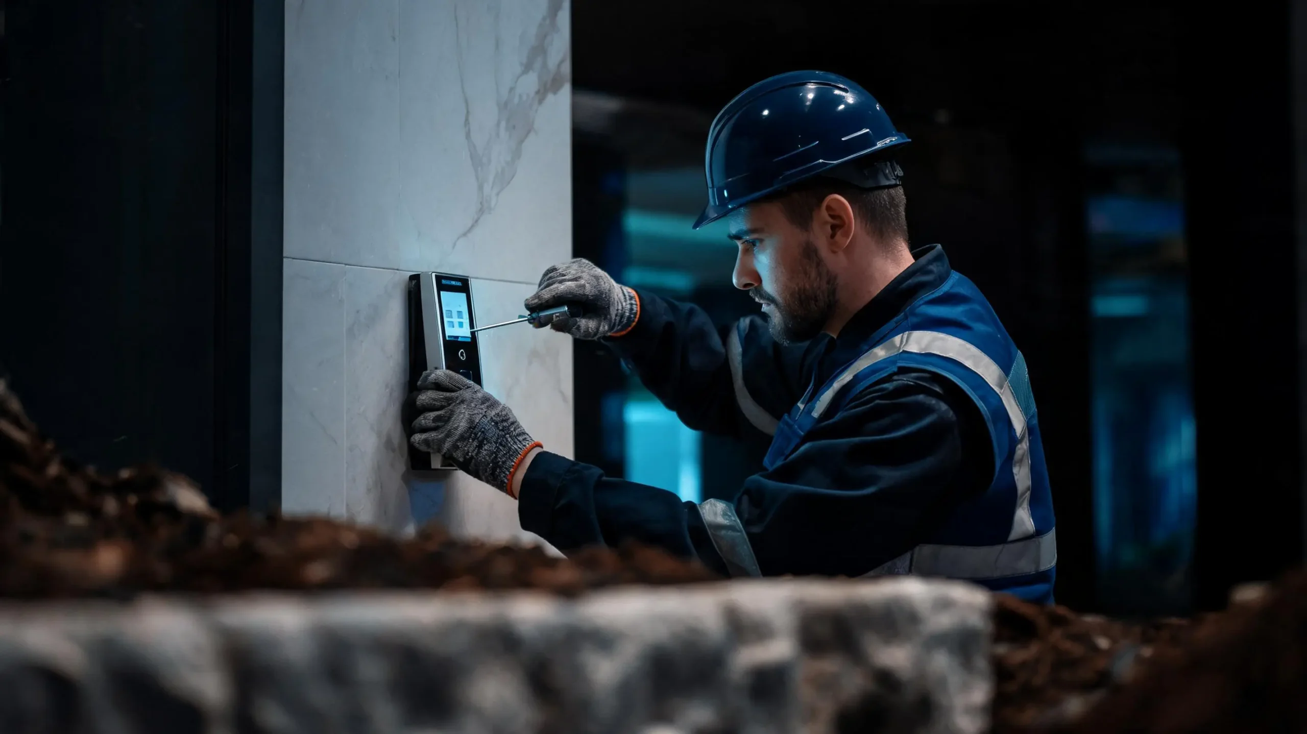installation worker adjusting wall monitoring device