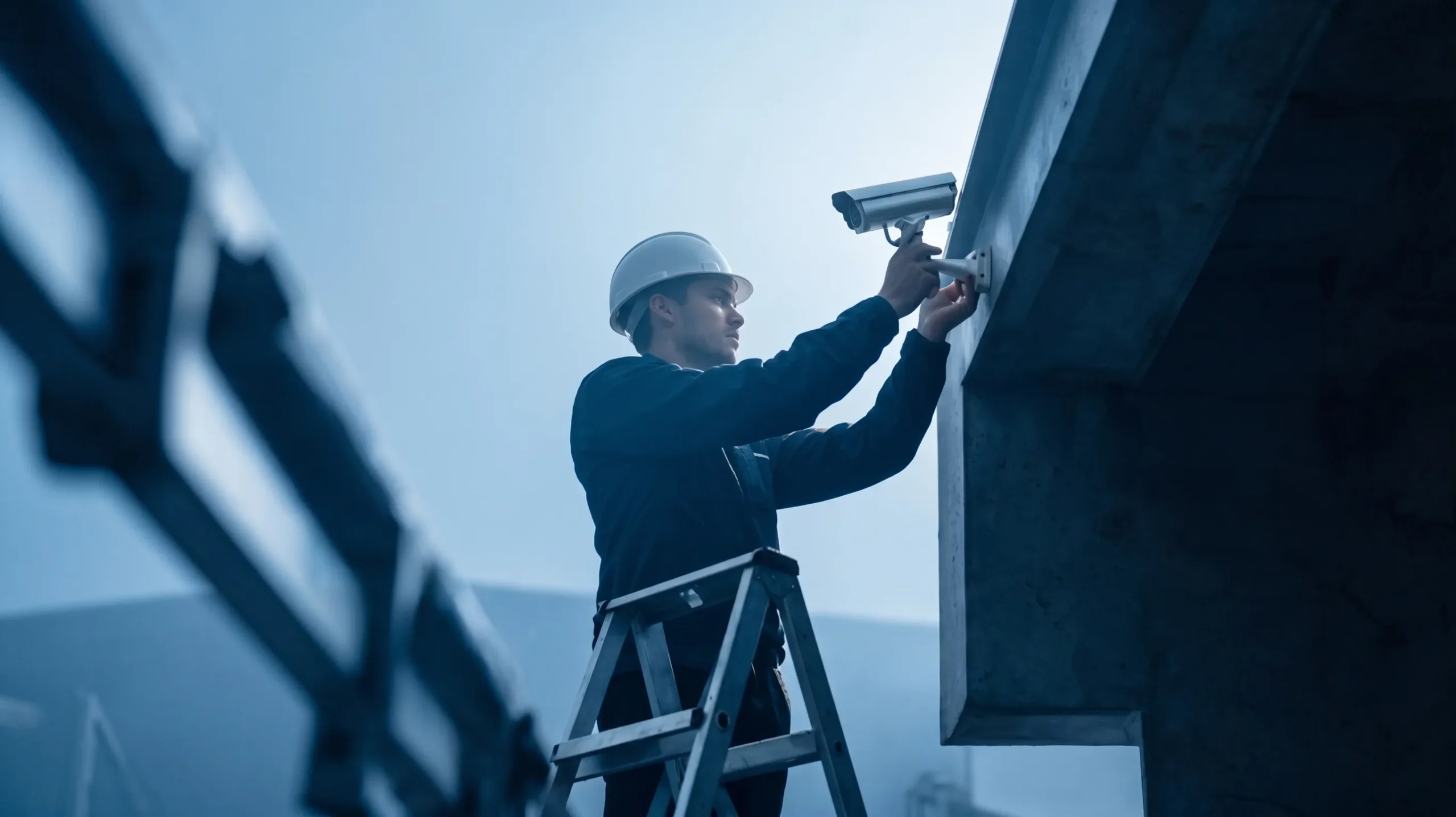 worker on ladder installing video camera