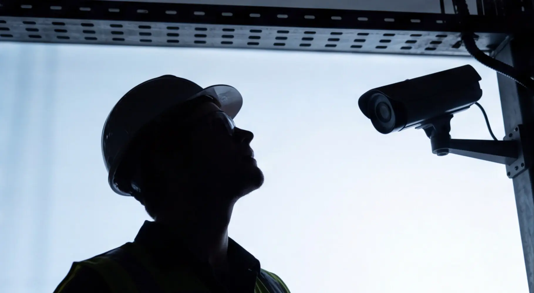 worker looking at video surveillance camera