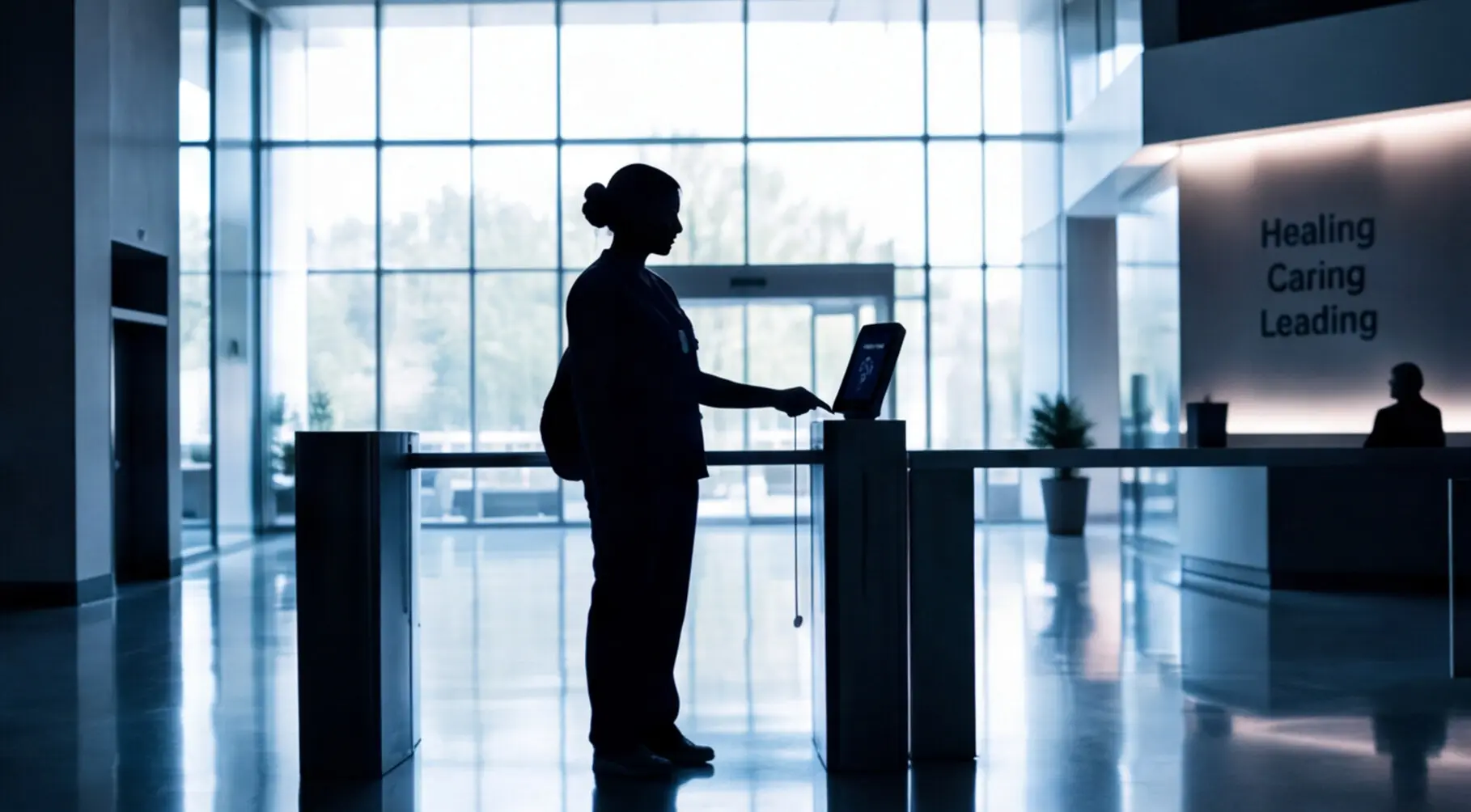 hospital employee scanning keycard for lobby entry