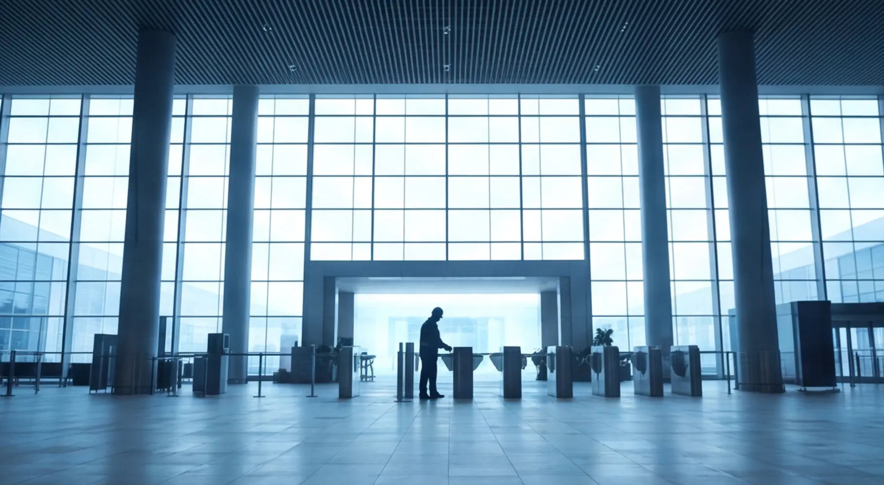 worker at entrance point in the lobby of a bright enterprise building