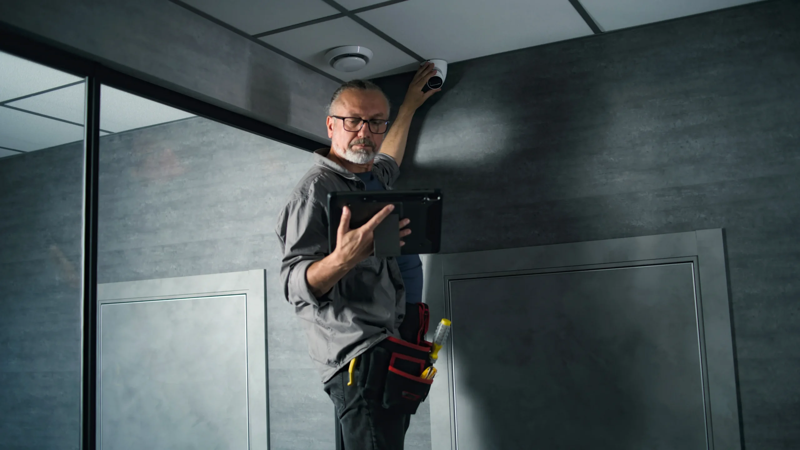 technician inspecting interior surveillance camera at job site