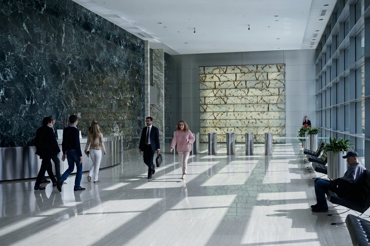 corporate employees in lobby passing through access point