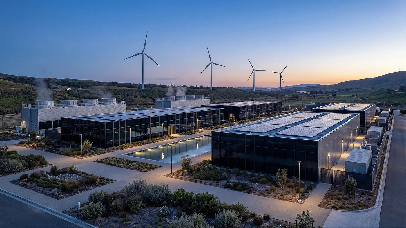 cinematic shot of modern data center at sunset