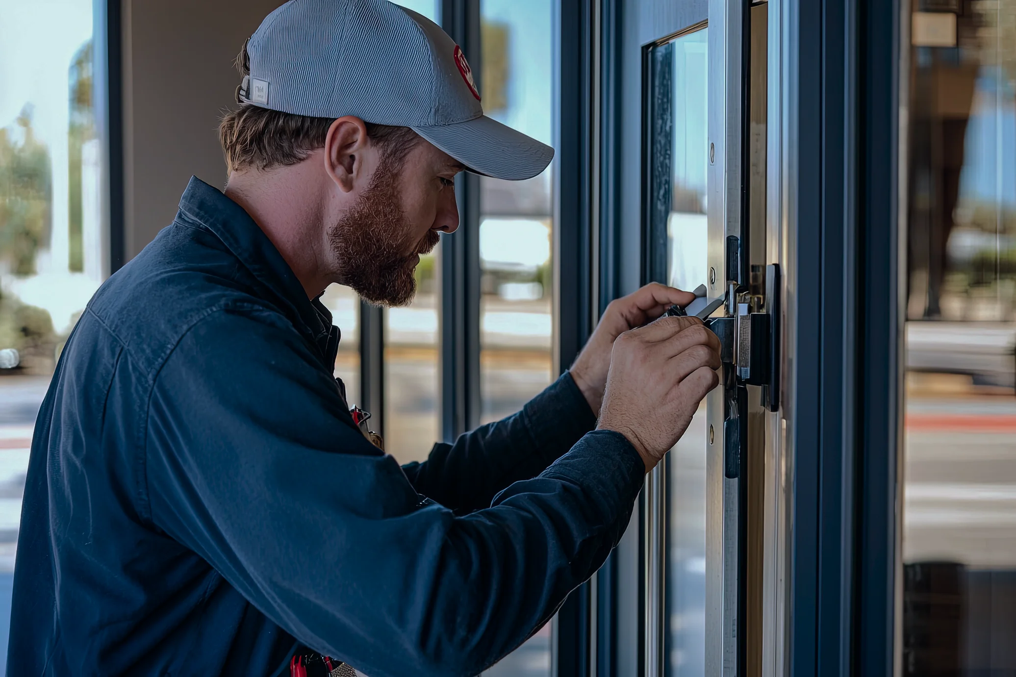 technician repairing commercial door