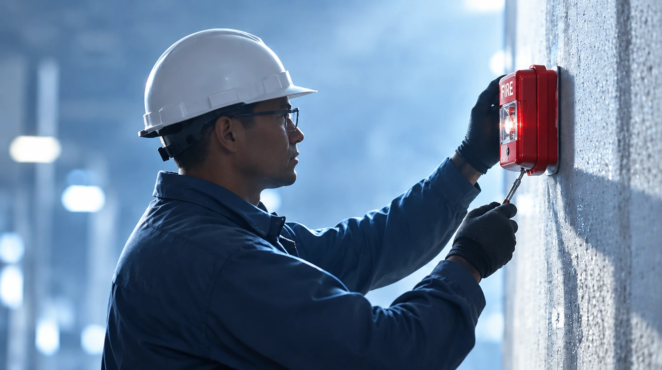 technician installing fire alarm