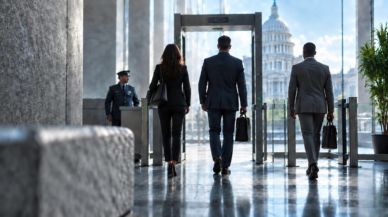 government employees in lobby passing through access point