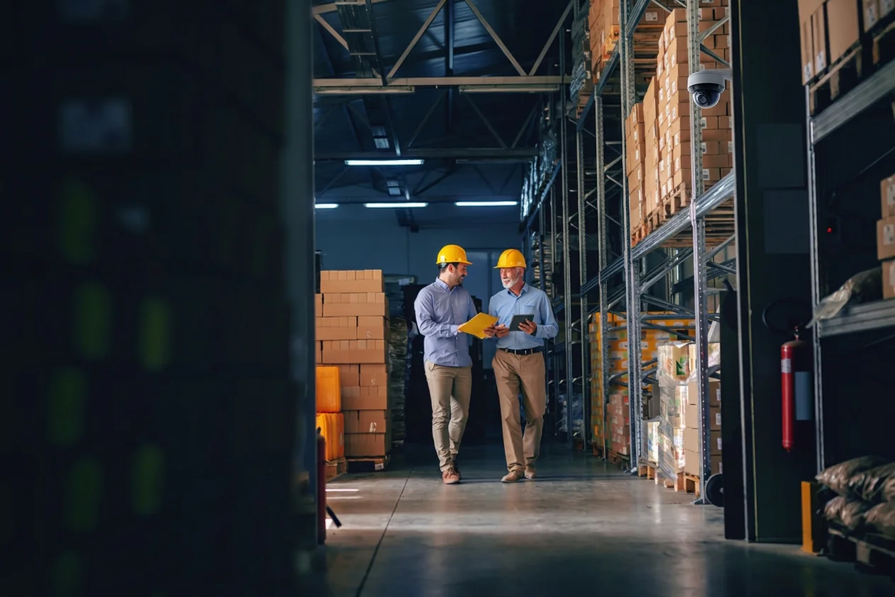 logistics workers walking through warehouse floor with security camera in view