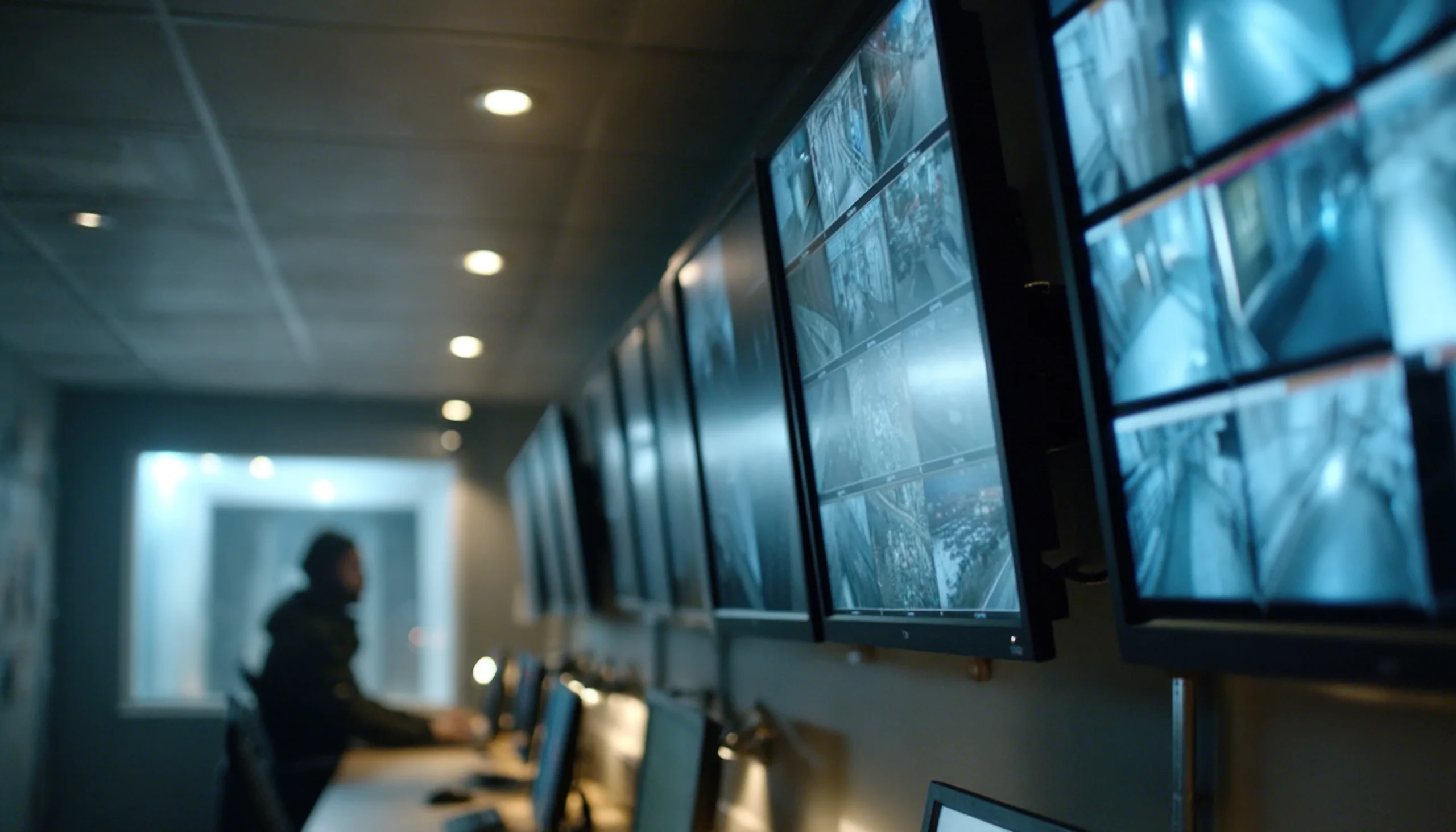 wall of video monitor feeds in security office