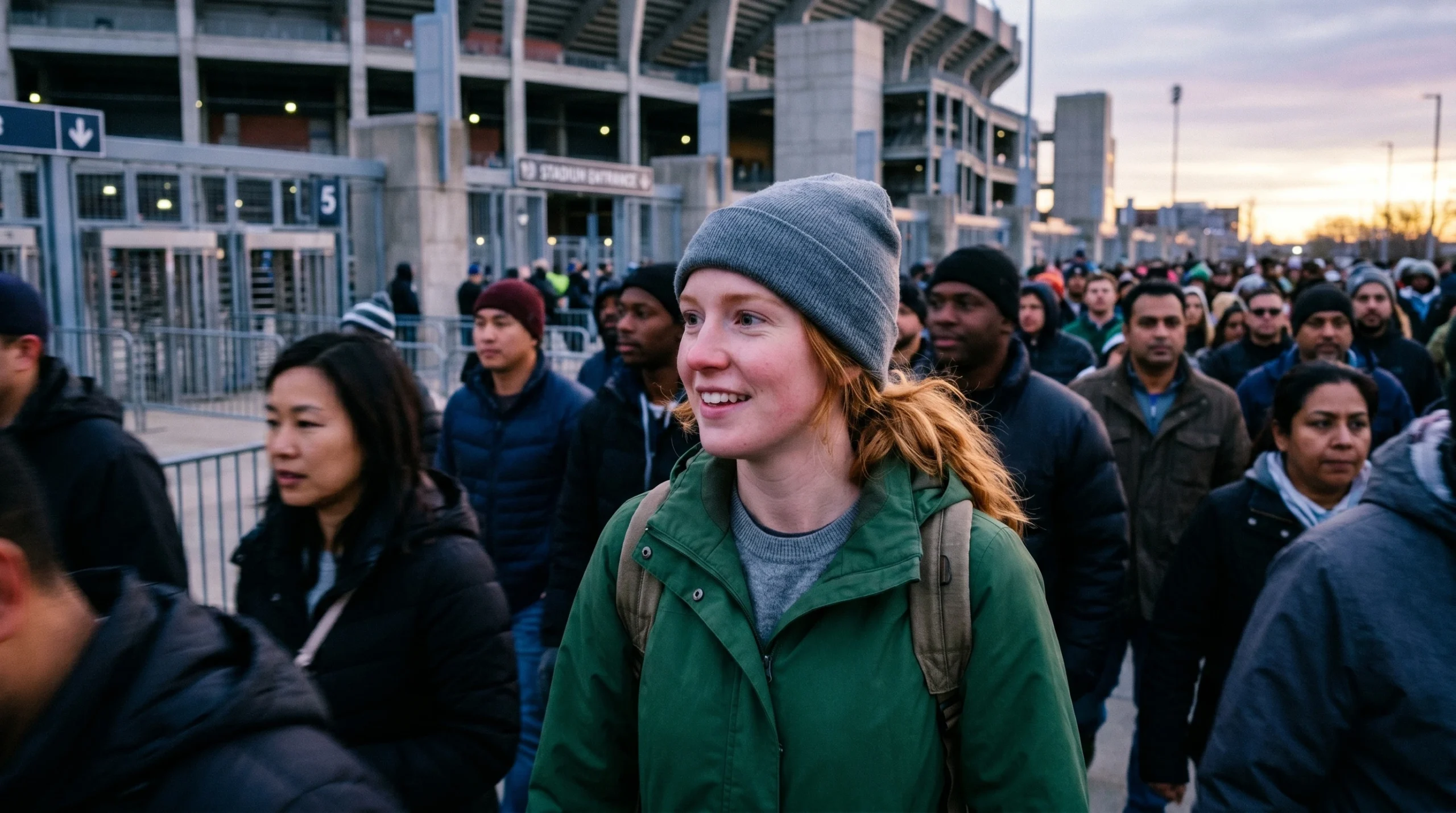 crowd of spectators passing by stadium entrance point
